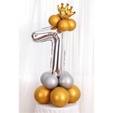Rönesans Parti Gümüş Renk 7 Yaş Krom Gold-Gümüş Renkler Altın Taçlı Balon Seti