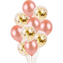 Rönesans Parti Şeffaf Gold Konfetili Rose Gold Balon Seti 10 Adet