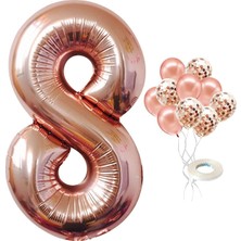 Rönesans Parti 8 Yaş Rose Gold Rakam Balon Konfetili Balon Seti