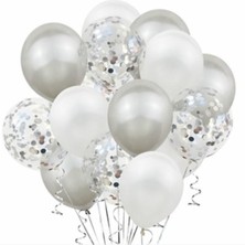 Rönesans Parti Metalik Gümüş Pastel Beyaz Gümüş Konfetili Şeffaf Balon Seti 15 Adet