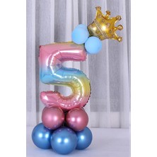 Rönesans Parti Gökkuşağı Renkleri Rakam Balon Altın Taçlı 5 Rakamlı Balon Seti