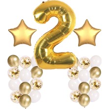 Rönesans Parti Gold Konsept 2 Yaş Doğum Günü Kutlama Seti; Beyaz Gold Konfetili Balon, Rakam Yıldız Folyo