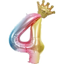 Rönesans Parti 4 Yaş Gökkuşağı Rakam ve Kral Tacı Folyo Balon Doğum Günü Parti Kutlama Seti