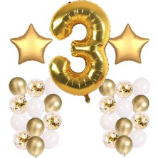 Rönesans Parti Gold Konsept 3 Yaş Doğum Günü Kutlama Seti; Beyaz Gold Konfetili Balon, Rakam Yıldız Folyo