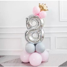 Rönesans Parti 8 Yaş Gümüş Rakam ve Kral Tacı Folyo Balon Doğum Günü