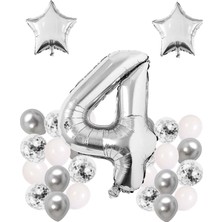 Gümüş Konsept 4 Yaş Doğum Günü Kutlama Seti; Beyaz Gümüş Konfetili Balon, Rakam Yıldız Folyo