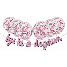 Rönesans Parti Pembe Konfetili Şeffaf Balon Pembe Iyi Ki Doğdun Kaligrafi Banner Yazı