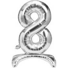 8 Yaş Gümüş Renkli Ayaklı Folyo Balon Rakam 32 Inç 80 cm