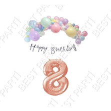 Happy Bırthday Gümüş Yazılı Kaligrafi Banner Makaron Balon Seti 8 Yaş Rose Gold Set Doğum Günü