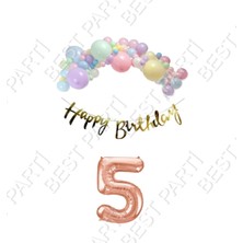 Happy Bırthday Gold Yazılı Kaligrafi Banner Makaron Balon Seti 5 Yaş Rose Gold Set Doğum Günü