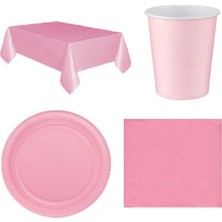 Pembe Masa Örtüsü Bardak Tabak Peçete Seti 16 Kişilik