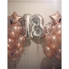 13 Yaş Rakam Gümüş Balon ve Yıldız Konfetili Balon Seti