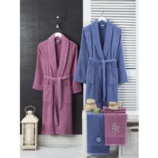 Ventisette 4 Parça Çift Pamuklu Nakışlı Havlulu Bornoz Seti