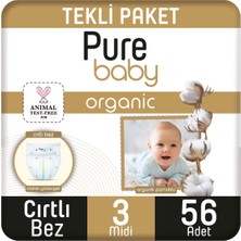 Pure Baby Organik Pamuklu Cırtlı Bez Tekli Paket 3 Numara Midi 56 Adet