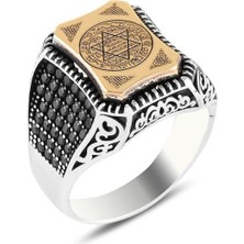 Modasilvers 925 Ayar Gümüş Hz Süleyman Mührü Motifli Mikro Taşlı Erkek Yüzük