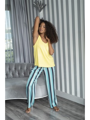 For You Sleepwear 2'li Çizgili Viskon Sarı Atlet Pijama Takımı S27227