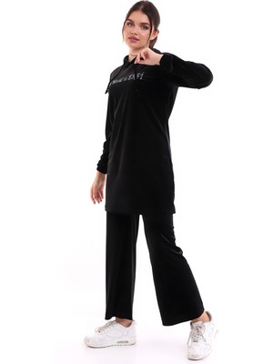 Enfi Kadife Tunik Etekli Pantolon Takım Nakışlı Siyah