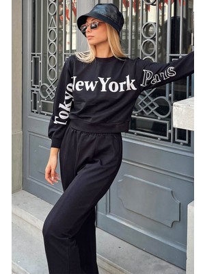 Swist Siyah Önü ve Kolları Baskılı Kadın Crop Sweatshirt