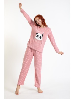Pemilo Kadın 4122 Panda Desenli Polar Pijama Takımı Pembe