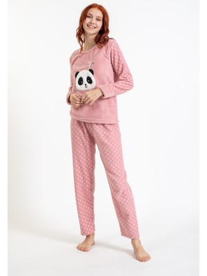Pemilo Kadın 4122 Panda Desenli Polar Pijama Takımı Pembe