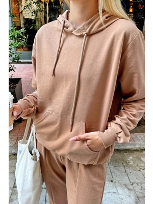 Swist Vizon Ribanalı Kapüşonlu Kanguru Cep Kadın Crop Sweat