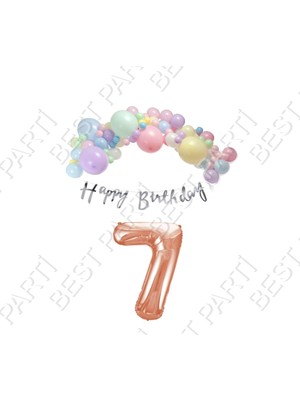 Rönesans Parti Happy Bırthday Gümüş Yazılı Kaligrafi Banner Makaron Balon Seti 7 Yaş Rose Gold Set Doğum Günü