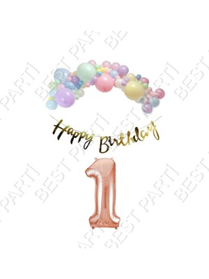 Rönesans Parti Happy Bırthday Gold Yazılı Kaligrafi Banner Makaron Balon Seti 1 Yaş Rose Gold Set Doğum Günü