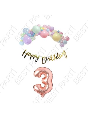 Rönesans Parti Happy Bırthday Gold Yazılı Kaligrafi Banner Makaron Balon Seti 3 Yaş Rose Gold Set Doğum Günü