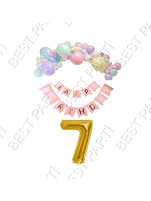 Rönesans Parti Happy Bırthday Yazılı Banner Makaron Balon Seti 7 Yaş Gold Set Doğum Günü