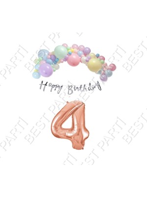 Rönesans Parti Happy Bırthday Gümüş Yazılı Kaligrafi Banner Makaron Balon Seti 4 Yaş Rose Gold Set Doğum Günü