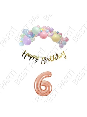 Rönesans Parti Happy Bırthday Gold Yazılı Kaligrafi Banner Makaron Balon Seti 6 Yaş Rose Gold Set Doğum Günü
