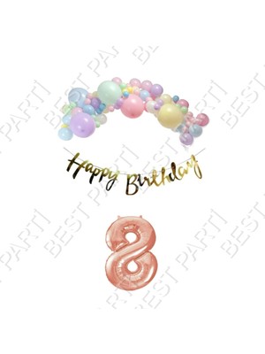 Rönesans Parti Happy Bırthday Gold Yazılı Kaligrafi Banner Makaron Balon Seti 8 Yaş Rose Gold Set Doğum Günü