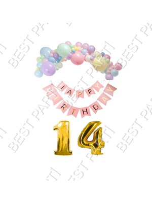 Rönesans Parti Happy Bırthday Yazılı Banner Makaron Balon Seti 14 Yaş Gold Set Doğum Günü