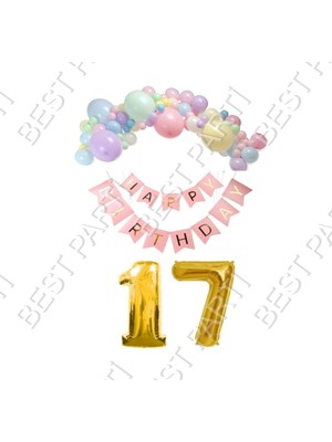 Rönesans Parti Happy Bırthday Yazılı Banner Makaron Balon Seti 17 Yaş Gold Set Doğum Günü