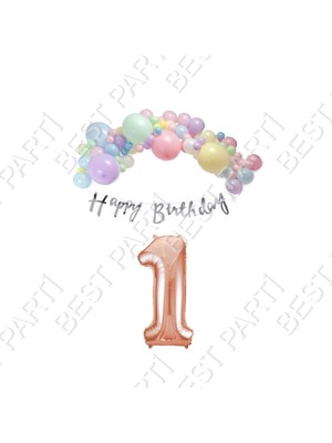 Rönesans Parti Happy Bırthday Gümüş Yazılı Kaligrafi Banner Makaron Balon Seti 1 Yaş Rose Gold Set Doğum Günü
