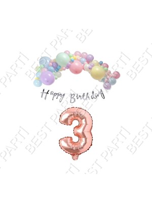 Rönesans Parti Happy Bırthday Gümüş Yazılı Kaligrafi Banner Makaron Balon Seti 3 Yaş Rose Gold Set Doğum Günü