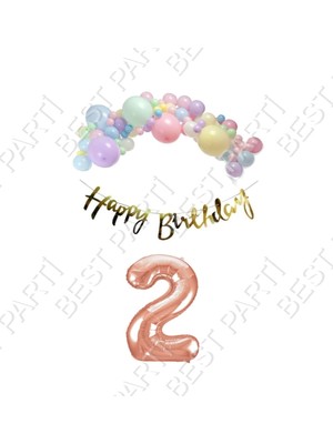 Rönesans Parti Happy Bırthday Gold Yazılı Kaligrafi Banner Makaron Balon Seti 2 Yaş Rose Gold Set Doğum Günü