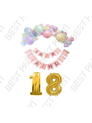 Rönesans Parti Happy Bırthday Yazılı Banner Makaron Balon Seti 18 Yaş Gold Set Doğum Günü