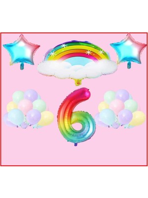 Rönesans Parti Bulutlu Gökkuşağı Yıldız Temalı Makaron Balon 6 Yaş Doğum Günü Parti Seti