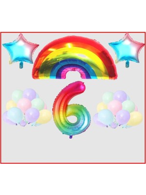 Rönesans Parti Gökkuşağı Yıldız Temalı Makaron Balon 6 Yaş Doğum Günü Parti Seti