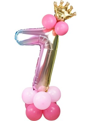Rönesans Parti 7 Yaş Gökkuşağı Renkleri Rakam Balon Altın Taçlı 7 Rakamlı Balon