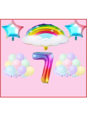 Rönesans Parti Bulutlu Gökkuşağı Yıldız Temalı Makaron Balon 7 Yaş Doğum Günü Parti Seti