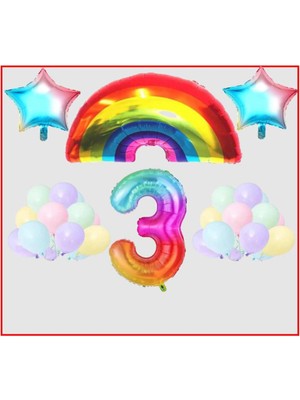 Rönesans Parti Gökkuşağı Yıldız Temalı Makaron Balon 3 Yaş Doğum Günü Parti Seti