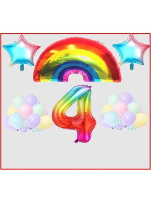 Rönesans Parti Gökkuşağı Yıldız Temalı Makaron Balon 4 Yaş Doğum Günü Parti Seti