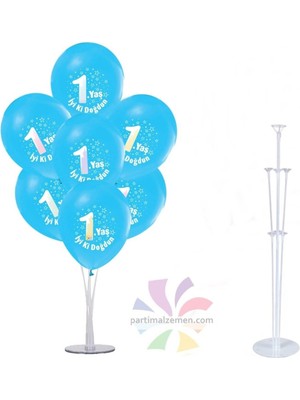 Rönesans Parti 7'li Balon Standı +7 Adet 1 Yaş Baskılı Mavi Balon