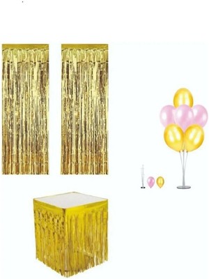 Rönesans Parti Püsküllü Metalize Gold Masa Eteği Duvar Kapı Perdesi Balon Standı
