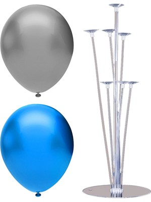 Rönesans Parti 7 Çubuklu Balon Standı + 20 Adet Balon ( Gümüş, Koyu Mavi )