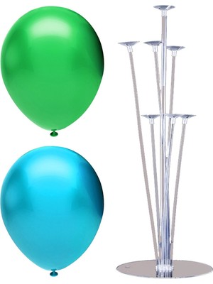 Rönesans Parti 7 Çubuklu Balon Standı + 7 Adet Balon ( Açık Mavi - Koyu Yeşil )