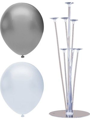 Rönesans Parti 7 Çubuklu Balon Standı + 20 Adet Balon ( Beyaz, Gümüş )