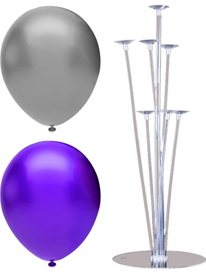 Rönesans Parti 7 Çubuklu Balon Standı + 50 Adet Balon ( Mor, Gümüş )